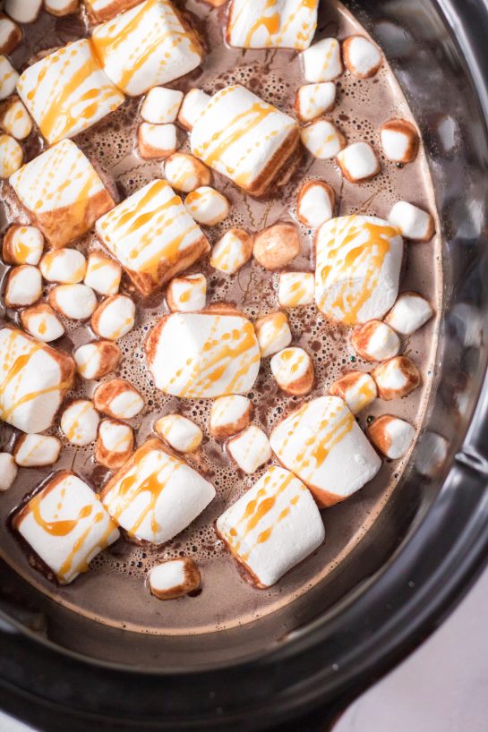 Close-up of the finished Crock Pot Caramel Hot Chocolate recipe