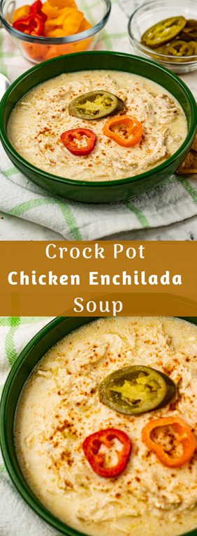 Crock Pot Green Chili Chicken Enchilada Soup recipe is a fiesta of flavors full of chunks of chicken, green enchilada sauce, and salsa verde, for a satisfying and comforting bowl of soup!