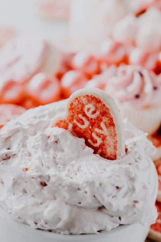 Close-up of Strawberry Cake Mix Dip is one of the first dessert dip recipes I fell in love with as a child and I can never get enough of it. All you need is three simple ingredients!