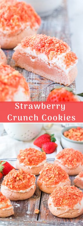 This easy recipe for soft Strawberry Crunch Cookies tastes exactly like those strawberry sundae crunch ice cream bars you ate as a kid! These cookies are perfect for Valentine's Day, baby showers, and spring!