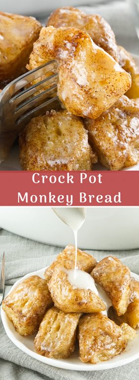 Crock Pot Monkey Bread turns your classic monkey bread recipe into a delicious slow cooker creation. Full of delicious biscuits, coated in cinnamon and sugar, then drizzled with a rich icing. Perfect for brunch, holiday breakfast, or dessert.