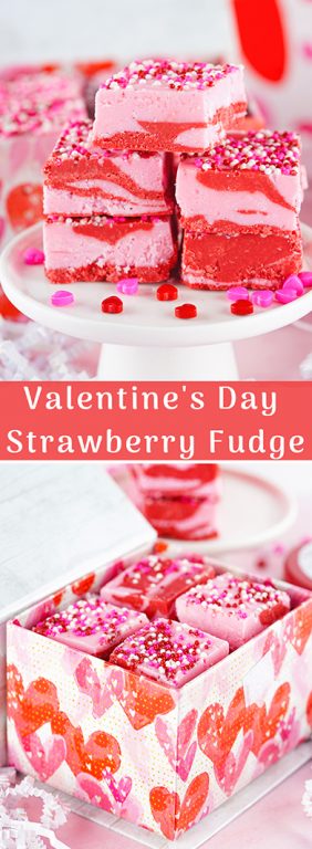 Easy layered Valentine's Day Strawberry Fudge recipe needs just four ingredients and can be made in under 10 minutes! Pretty and super cute gift for your Valentine.