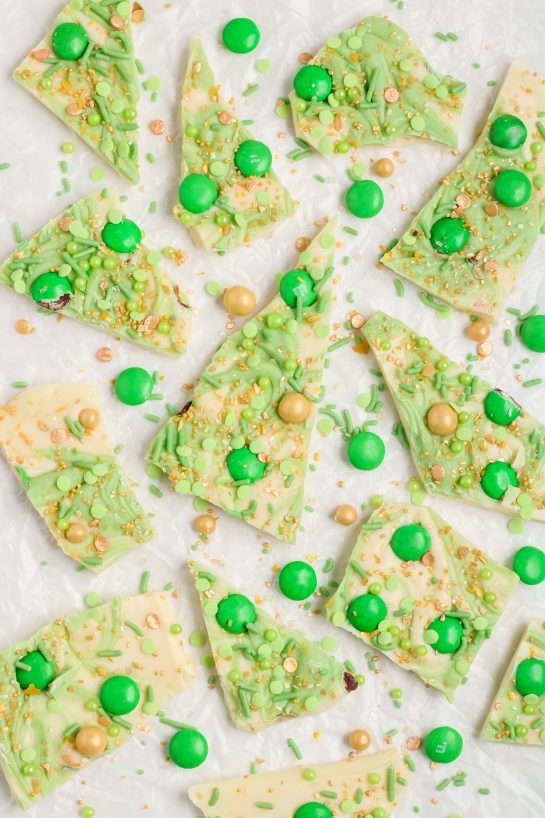The Leprechaun Bark recipe broken into pieces and ready to eat for St. Patrick's Day