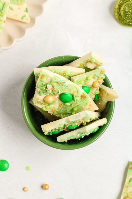 Overhead shot of the Leprechaun Bark candy recipe for a St. Patrick's Day!