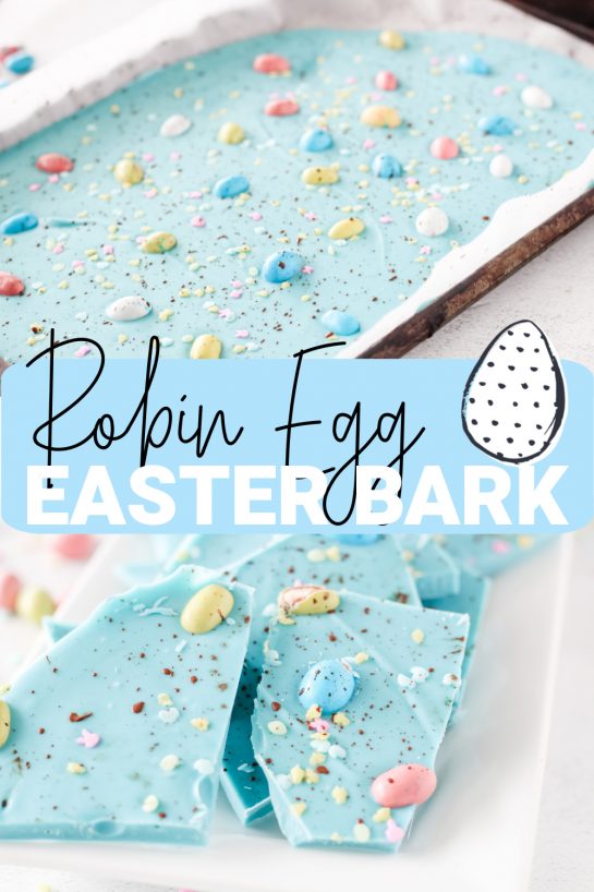 No-Bake Robin Egg Easter Bark beautiful blue Easter Bark (with HOW TO VIDEO!). Super simple and easy to make, topped with chocolate candy eggs is the cutest dessert for Easter!