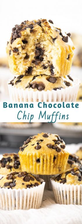 Easy Banana Chocolate Chip Muffins recipe loaded with chocolate chips and fresh bananas. This warm breakfast or brunch treat can be enjoyed by your family any day and only requires a few simple ingredients.