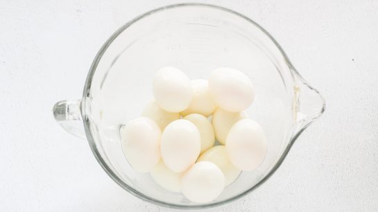 The hard-boiled eggs ready to be mashed for the loaded deviled egg salad