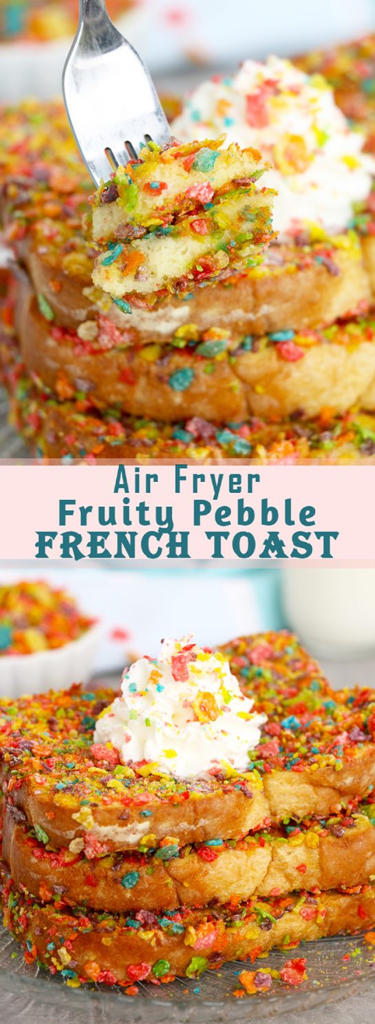 Easy Air Fryer Fruity Pebble French Toast is a classic French toast recipe made with a sweet and crispy cereal coating right in the air fryer. This Fruity Pebbles French toast is a new twist on a colorful, favorite breakfast or brunch!