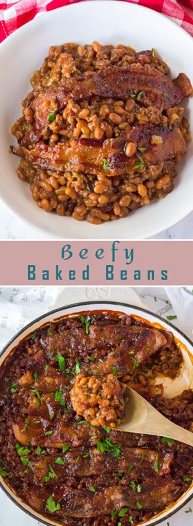 Beefy Baked Beans are my favorite side dish recipe! Beans get mixed with ground beef, onion, bell pepper, brown sugar, ketchup, mustard and Worcestershire before getting topped with a brown sugar bacon.  These will be the star at any cookout!