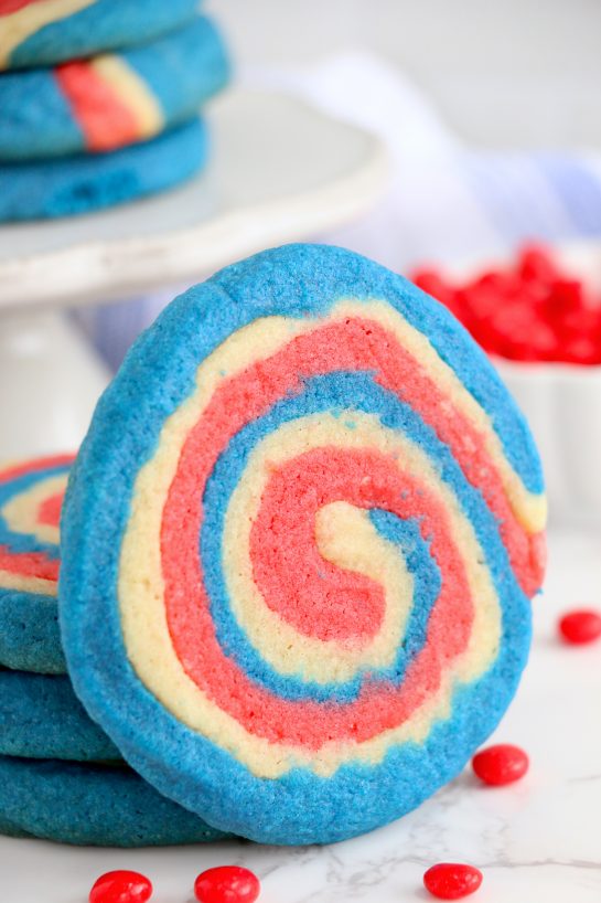 Easy Patriotic Pinwheel Cookies recipe out of the oven and ready to be eaten for 4th of July