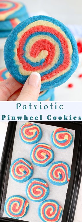 Easy Patriotic Pinwheel Cookies are a classic, slice and bake soft sugar cookie recipe all dressed up for the 4th of July 4! This patriotic dessert has beautiful swirls of red, white and blue. 