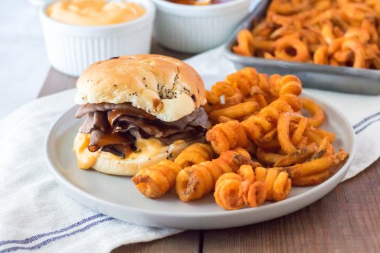 Copycat Arbys Beef & Cheddars recipe with spicy curly fries make a quick and easy dinner recipe.