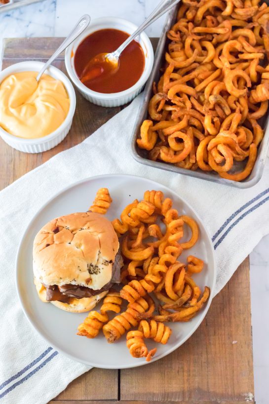 Overhead shot of the best Copycat Arbys Beef & Cheddars recipe with spicy curly fries