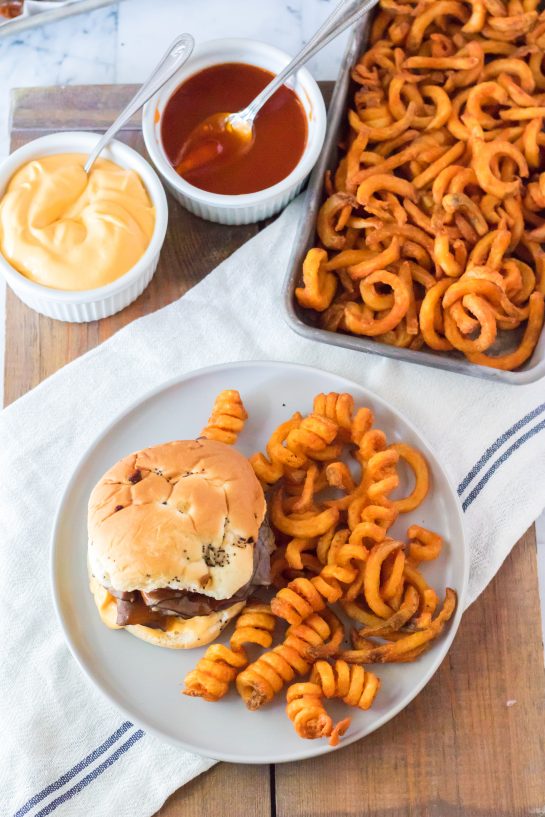 Overhead shot of the Copycat Arbys Beef & Cheddars recipe with spicy curly fries