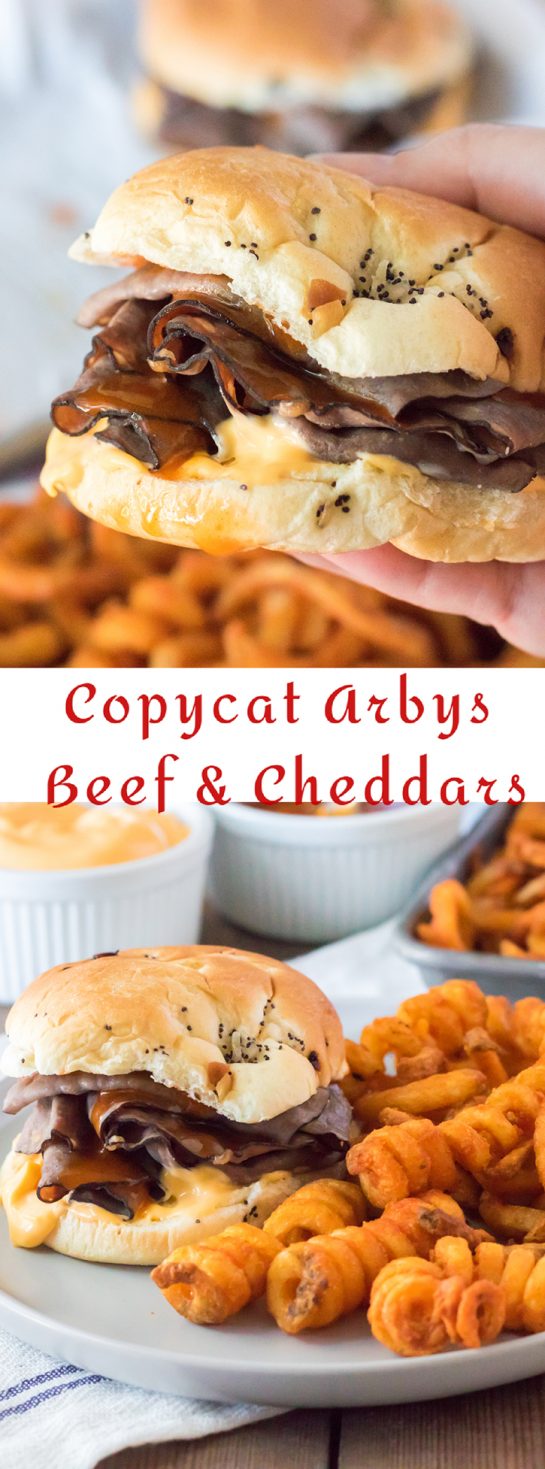 These Copycat Arbys Beef & Cheddars are the ultimate copycat recipe!  They taste just like the real thing except you get to skip the drive thru and it’s faster!  Onion buns, roast beef, cheddar sauce and the secret red sauce make these sandwiches come together in minutes!
