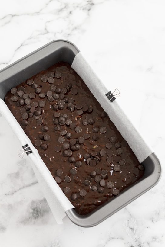 Moist and fudgy Chocolate Zucchini Bread recipe ready to go in the oven.