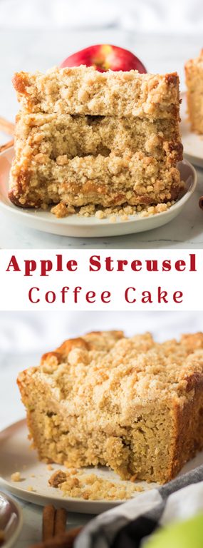 This Apple Streusel Coffee Cake fall dessert recipe just perfect for Fall! This soft, moist cake is easy to make because it starts with a box mix that you jazz up with apples, cinnamon and a crunchy streusel topping. 