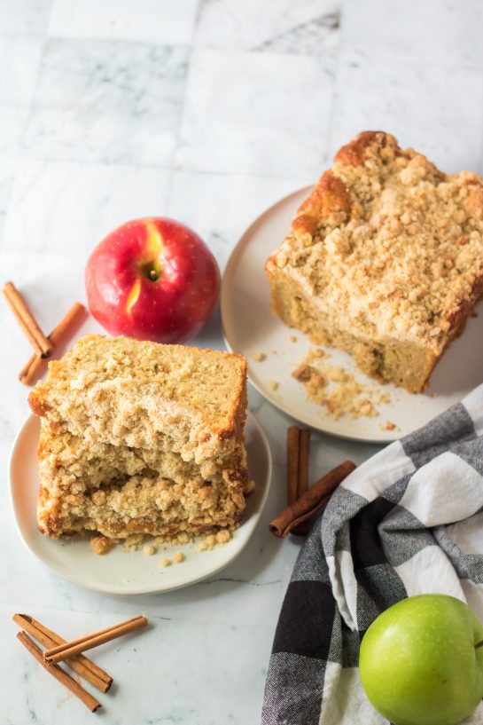 Overhead shot of the Apple Streusel Coffee Cake fall dessert recipe just perfect for Fall! This soft, moist cake is easy to make because it starts with a box mix that you jazz up with apples and a crunchy cinnamon streusel topping. 