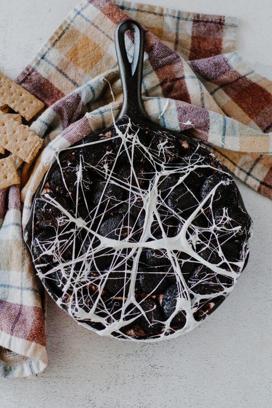 Overhead photo of the Spiderweb S'mores Dip recipe for Halloween
