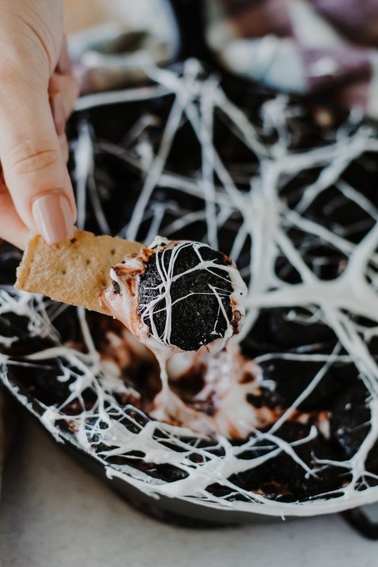 Easy and Spooky Spiderweb S'mores Dip recipe needs only a few ingredients, takes minutes to make, and is a super-fun Halloween party food idea! Creamy melted white chocolate topped with toasted marshmallows served with graham crackers, cookies, pretzels or fruit for dipping.