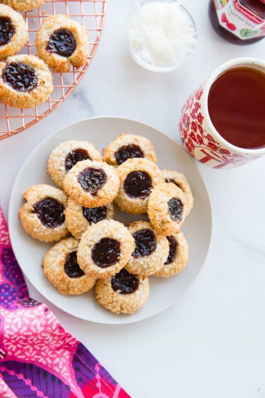Coconut Raspberry Thumbprint Cookies recipe. Coconut and raspberry complement each other so well in this cookie recipe.