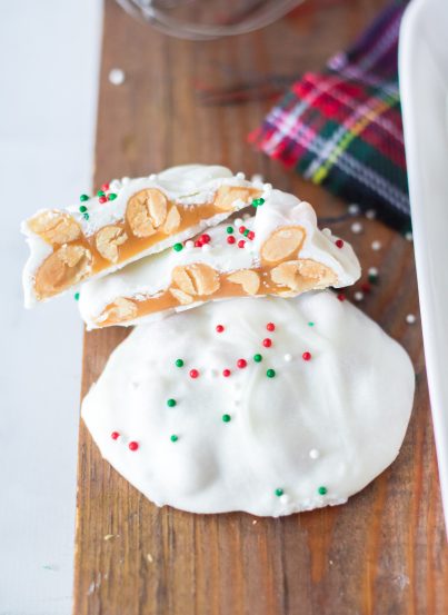 No-Bake Polar Bear Claws are a delicious holiday treat and classic candy recipe for Christmas! The luscious caramel and salty roasted peanuts are coated in a silky white chocolate coating. I top them with sprinkles for a festive touch. 