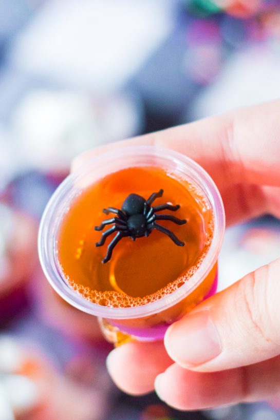 Close-up of the finished Halloween Jello Shots recipe with plastic spiders for a Halloween party