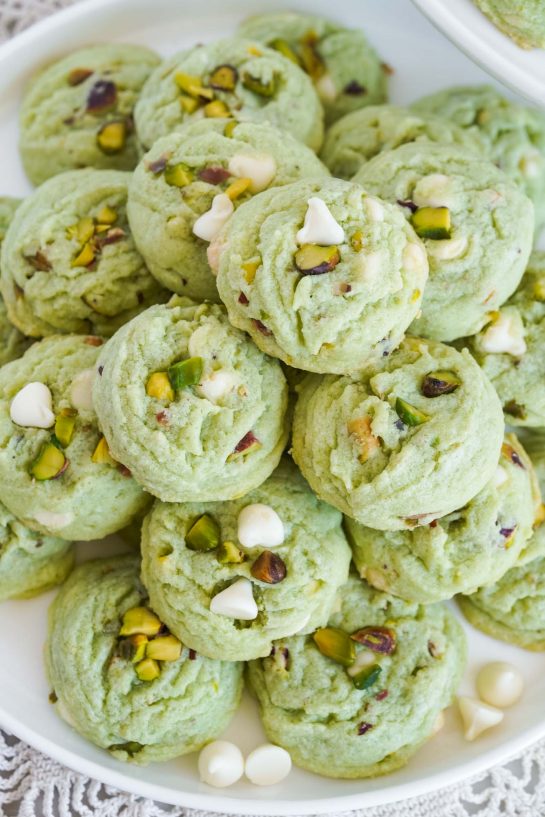 Pistachio Pudding Cookies recipe. These cookies are perfect for the holidays! They look festive and have so much tasty pistachio pudding flavor!