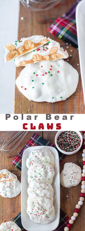 No-Bake Polar Bear Claws are a delicious Christmas treat and classic candy recipe for the holidays! The luscious caramel and salty roasted peanuts are coated in a silky white chocolate coating. Top with sprinkles for a festive touch. 