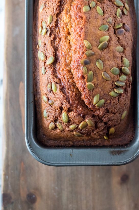 Close-up of the baked Maple-Glazed Pumpkin Bread recipe for fall