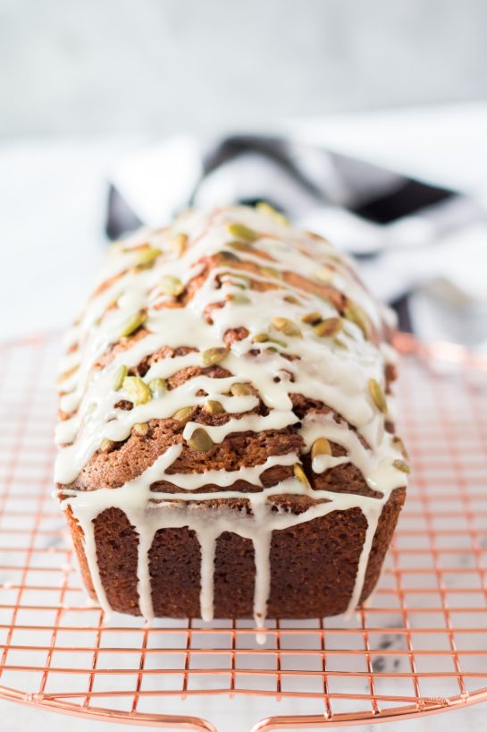 Head-on shot of the Maple-Glazed Pumpkin Bread recipe for the holidays