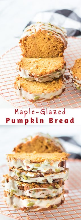 Maple-Glazed Pumpkin Bread is an easy holiday recipe teaching you how to make a moist, fresh pumpkin bread from scratch. This bread is drizzled with a simple maple glaze and each slice of this bread is so delicious for Thanksgiving and fall.