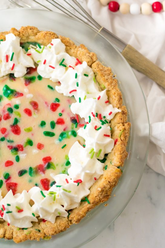 Close-up of the Christmas Sugar Cream Pie recipe 