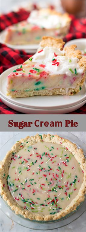 This Christmas Sugar Cream Pie recipe is my favorite for the holidays. This is a delicious creamy pie decorated with holiday sprinkles for a festive look. The filling is silky and rich - perfect for any occasion. The crust is a no-roll pie crust which makes it simple to throw together for the busy holiday season. 