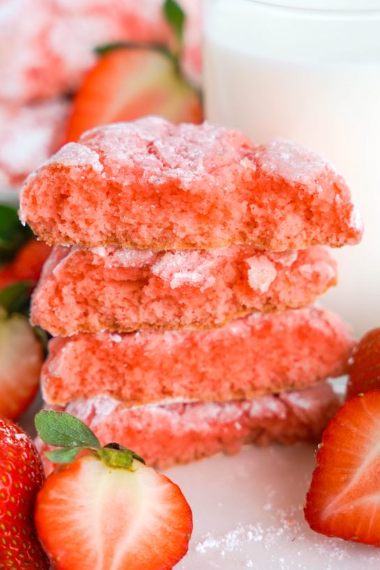 Close-up photo of the Strawberry Crinkle Cookies: a simple and delicious strawberry cookie recipe for Valentine's Day or any holiday made with cake mix. If you're looking for the easiest cookie recipe on the planet, you found it! These cookies require just FIVE ingredients and come out amazing every time.