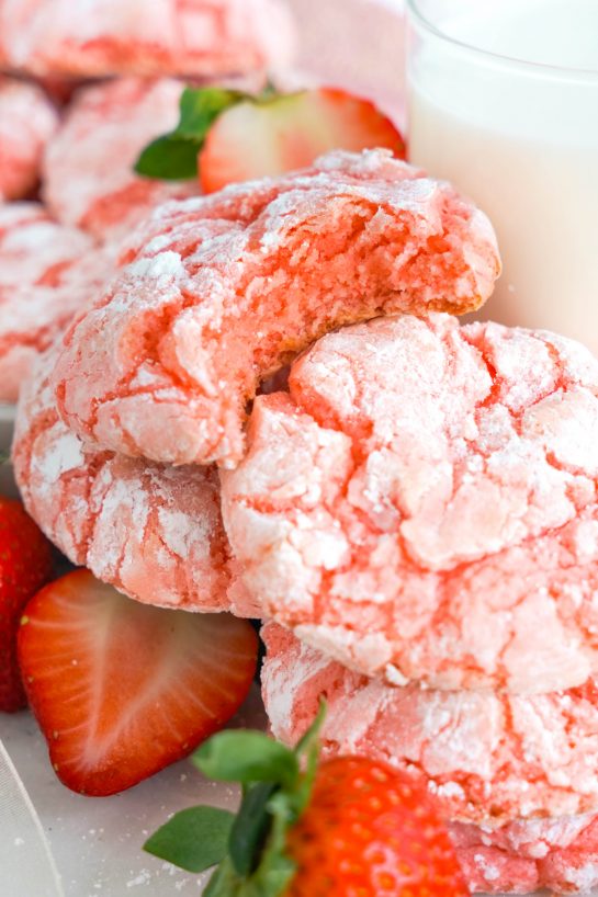 Close-up photo of the stacked Strawberry Crinkle Cookies recipe for Valentine's Day or any holiday dessert