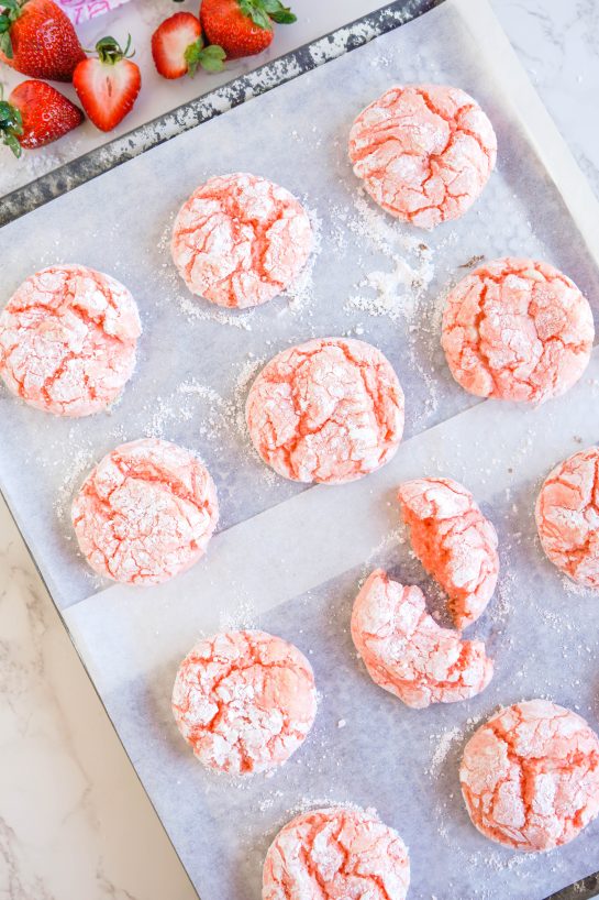 Strawberry Crinkle Cookies recipe fresh out of the oven for Valentine's Day.