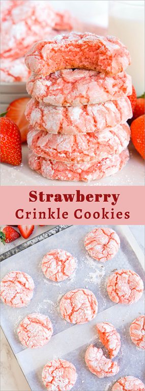 Strawberry Crinkle Cookies: a simple and delicious strawberry cookie recipe for Valentine's Day made with cake mix. If you're looking for the easiest cookie recipe on the planet, you found it! These cookies require just FIVE ingredients and come out perfectly soft.