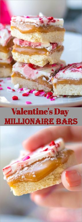 This recipe for Valentine's Day Millionaire Bars is always such a treat for the holiday.  Perfect, buttery, tender shortbread is topped with a thick layer of gooey caramel and then topped off with a layer of white chocolate and sprinkles. 
