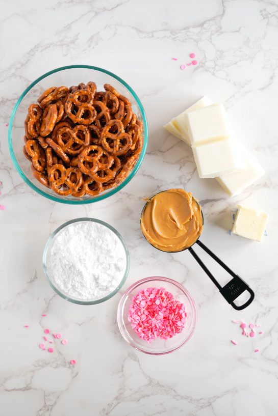 Ingredients needed to make the Valentine's Day Pretzel Bites recipe