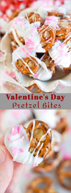 Cute Valentine's Day Pretzel Bites recipe is so simple to make for any holiday, it's no wonder they're a classic! Two pretzels that are stuffed with a peanut butter filling and dipped in melted white chocolate coating. Great for kids, gifts and parties!