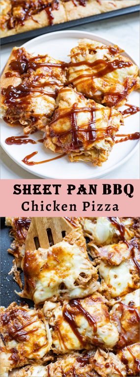 This recipe for Sheet Pan BBQ Chicken Pizza has a crispy crust, tons of cheese, and tender chicken, with the sweetness of hickory barbecue sauce. This pizza is the perfect balance of sweet, smoky, and savory goodness. It’s a breeze to make!