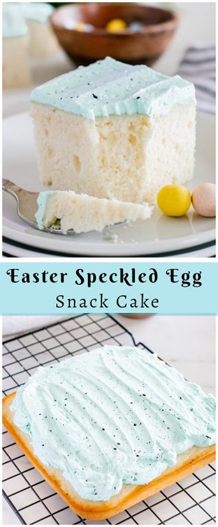 This Easter Speckled Egg Snack Cake recipe is really simple to make and it's so cute for Easter dessert! You'll love the soft blue for spring and the chocolate speckles created with a splatter of cocoa and vanilla.
