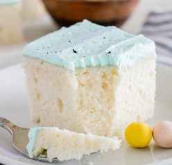 This Easter Speckled Egg Snack Cake recipe is really easy to make and it's so cute for Easter dessert! You'll love the soft blue for spring and the chocolate speckles created with a simple splatter of cocoa mixed with vanilla.