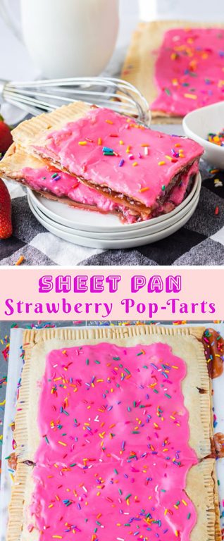 Sheet Pan Strawberry Poptarts is a great dessert or breakfast recipe everyone will love. Pie Crust and strawberry jam give this dessert it's famous pop-tart flavor. These pop tarts are filled with REAL strawberry jam, topped with rainbow sprinkles. 