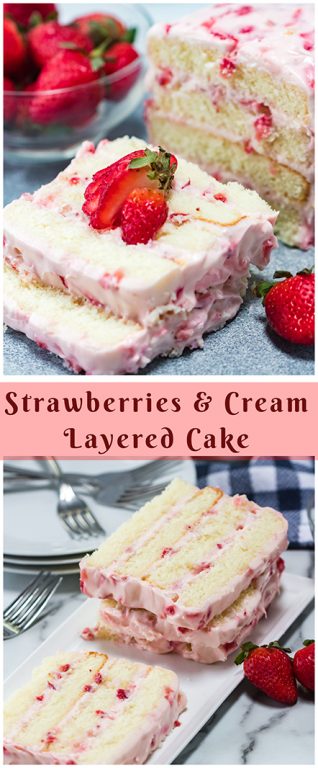 The one thing that sets this Strawberries & Cream Layered Cake recipe apart from the others? The egg whites that keep it light and fluffy! This cake combines the rich flavor of a butter cake with the light, yet sturdy texture of a sponge cake.