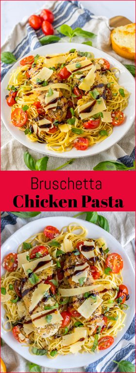 Bruschetta Chicken Pasta recipe with a simple but flavorful bruschetta, seasoned chicken, and balsamic glaze that brings the whole dish together. Easy, fresh dinner recipe!