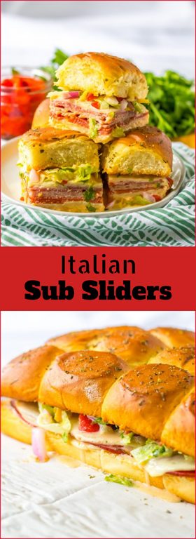 This Italian Sub Sliders recipe combines ham, salami, pepperoni and provolone, then gets baked until melty. Top them with your favorite toppings and mayo and you have yourself a game day or party crowd-pleaser!