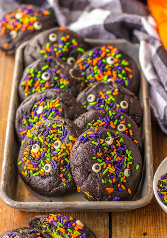 Close-up photo of the tray of the Easy Stuffed Black Velvet Cookies for a Halloween party