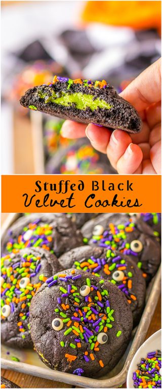 Stuffed Black Velvet Cookies are the perfect Halloween dessert recipe.  Dark chocolate cookies are stuffed with a creamy cheesecake filling that is so delicious.  Halloween sprinkles top off these spooky cookies that everyone will love at your party.